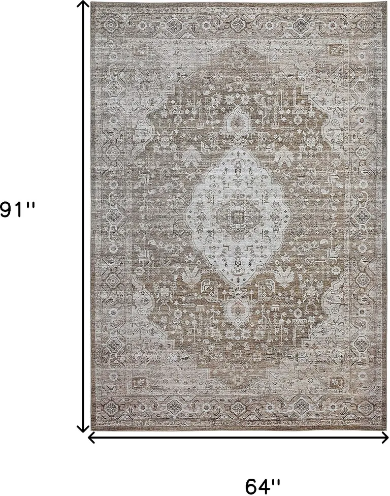 Beige Oriental Power Loom Distressed Stain Resistant Area Rug Photo 4