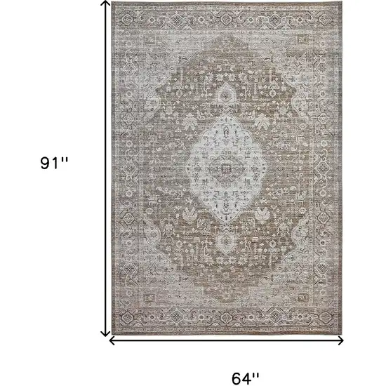 Beige Oriental Power Loom Distressed Stain Resistant Area Rug Photo 4