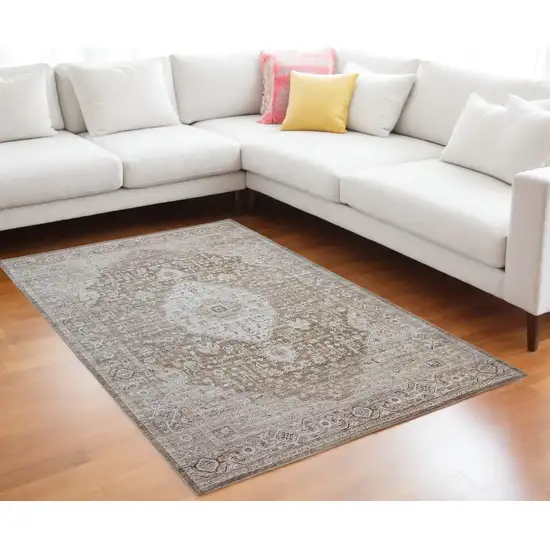 Beige Oriental Power Loom Distressed Stain Resistant Area Rug Photo 1