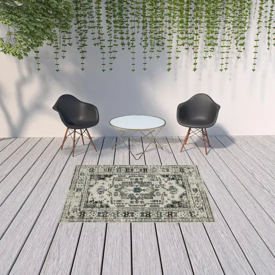 Beige Oriental Stain Resistant Indoor Outdoor Area Rug Photo 2