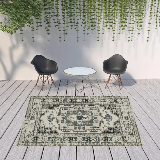 Beige Oriental Stain Resistant Indoor Outdoor Area Rug Photo 2