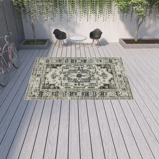 Beige Oriental Stain Resistant Indoor Outdoor Area Rug Photo 2