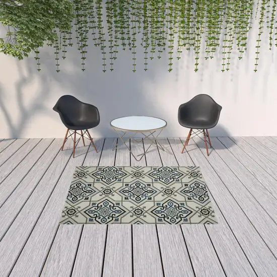 Beige Oriental Stain Resistant Indoor Outdoor Area Rug Photo 2