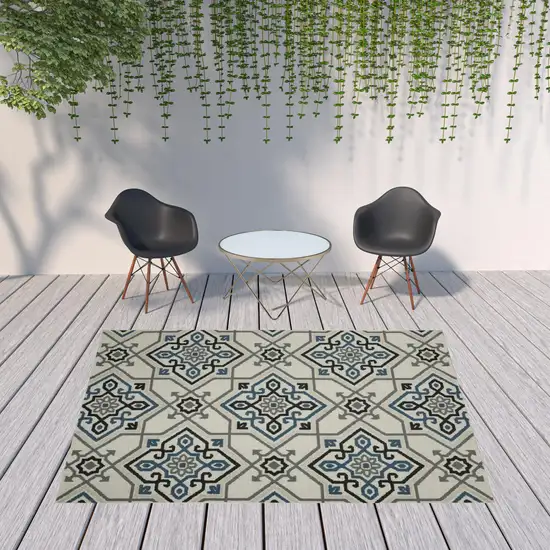 Beige Oriental Stain Resistant Indoor Outdoor Area Rug Photo 2