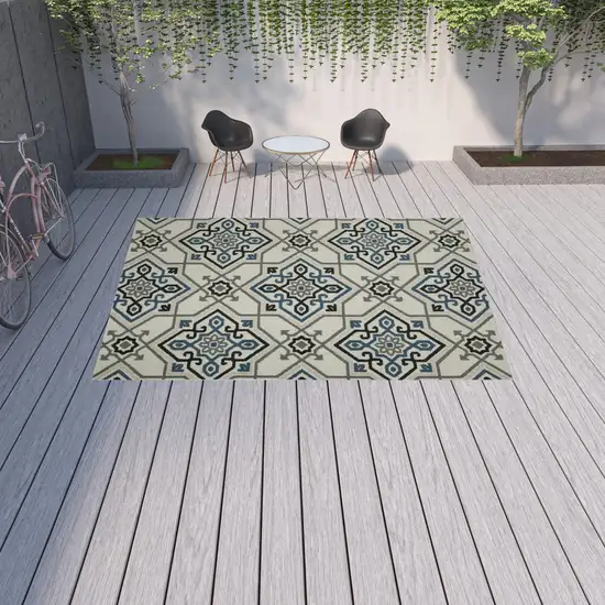 Beige Oriental Stain Resistant Indoor Outdoor Area Rug Photo 2