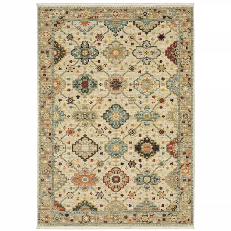 Beige Pale Blue Rust Gold Tan Brown And Orange Oriental Power Loom Stain Resistant Area Rug With Fringe Photo 1