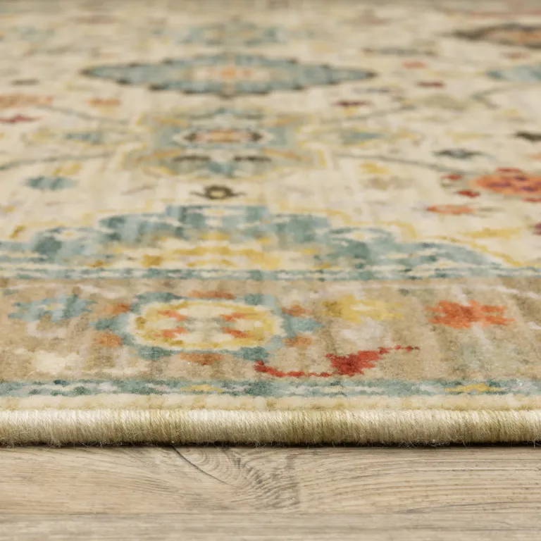 Beige Pale Blue Rust Gold Tan Brown And Orange Oriental Power Loom Stain Resistant Area Rug With Fringe Photo 4