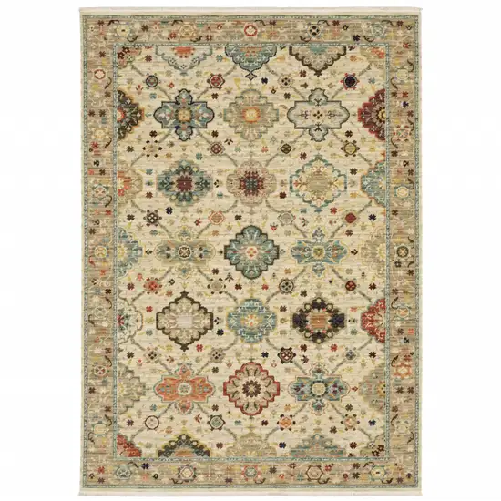 Beige Pale Blue Rust Gold Tan Brown And Orange Oriental Power Loom Stain Resistant Area Rug With Fringe Photo 1