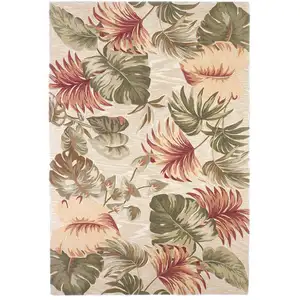 Photo of Beige Palm Leaves Wool Indoor Area Rug