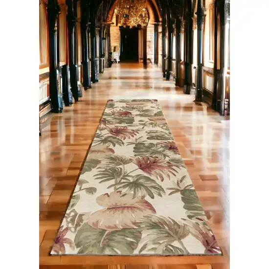 2' X 10' Beige Palm Leaves Wool Indoor Runner Rug Photo 1