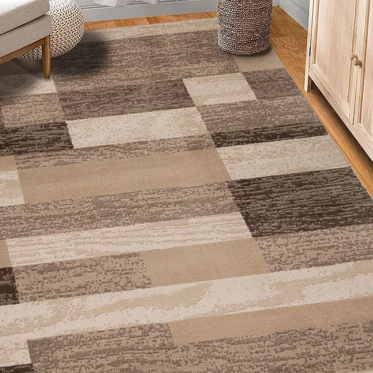 Beige Patchwork Power Loom Stain Resistant Area Rug Photo 5