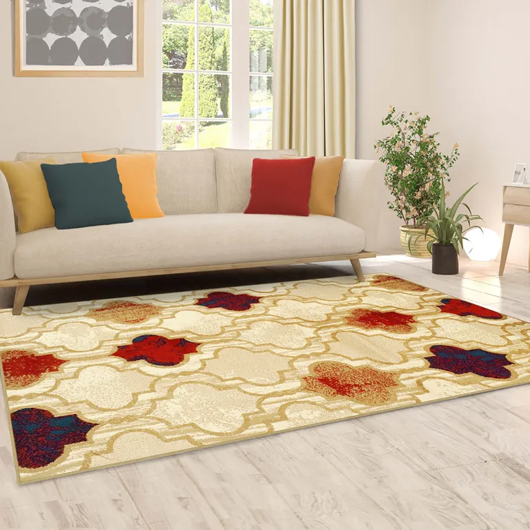 Beige Quatrefoil Power Loom Distressed Stain Resistant Area Rug Photo 5