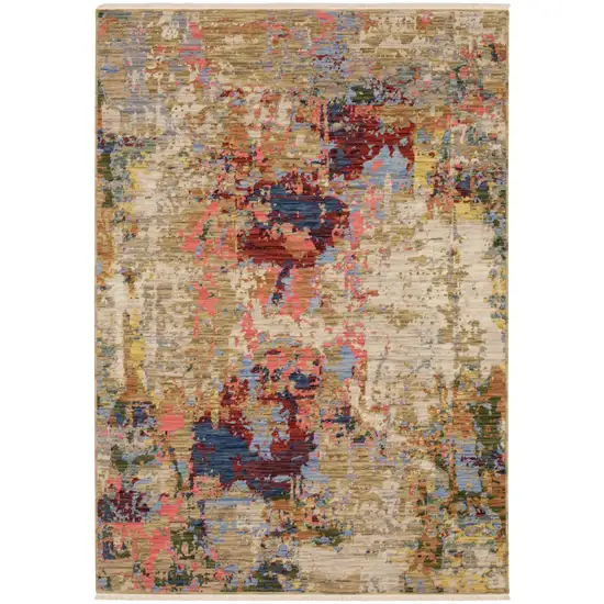 Beige Red And Blue Abstract Area Rug With Fringe Photo 2