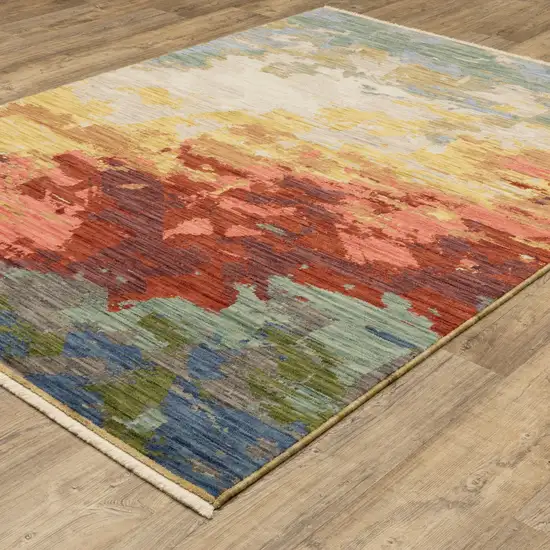 Beige Red And Yellow Abstract Area Rug With Fringe Photo 7