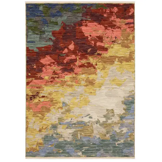 Beige Red And Yellow Abstract Area Rug With Fringe Photo 2