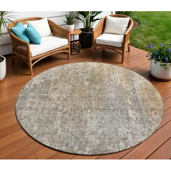 Beige Round Abstract Washable Non Skid Indoor Outdoor Area Rug Photo 1