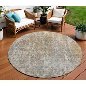 Photo of Beige Round Abstract Washable Non Skid Indoor Outdoor Area Rug