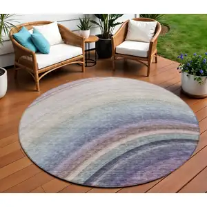 Photo of Beige Round Abstract Washable Non Skid Indoor Outdoor Area Rug