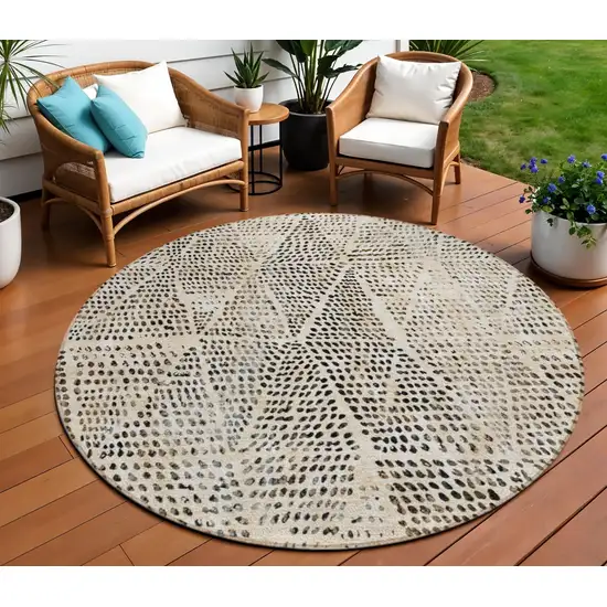 Beige Round Geometric Washable Non Skid Indoor Outdoor Area Rug Photo 1