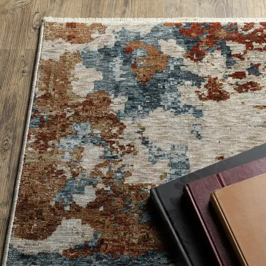 Beige Rust And Teal Abstract Distressed Area Rug With Fringe Photo 6