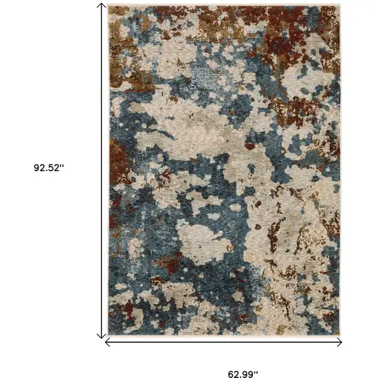 Beige Rust And Teal Abstract Distressed Area Rug With Fringe Photo 3