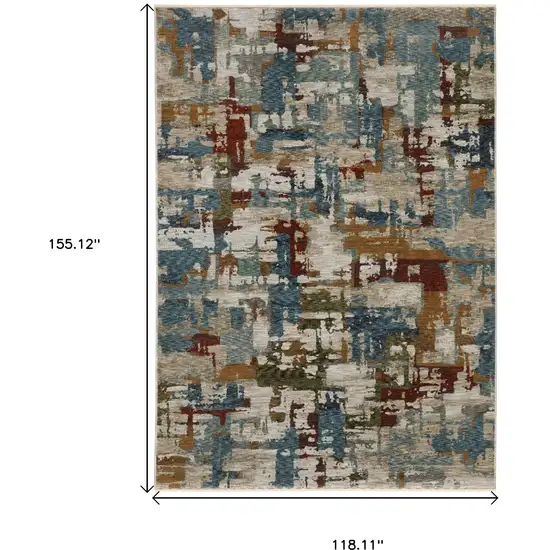 Beige Rust And Teal Abstract Distressed Area Rug With Fringe Photo 3