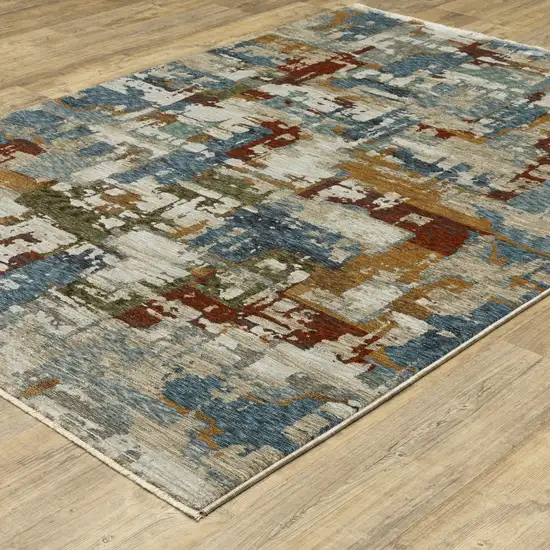 Beige Rust And Teal Abstract Distressed Area Rug With Fringe Photo 4