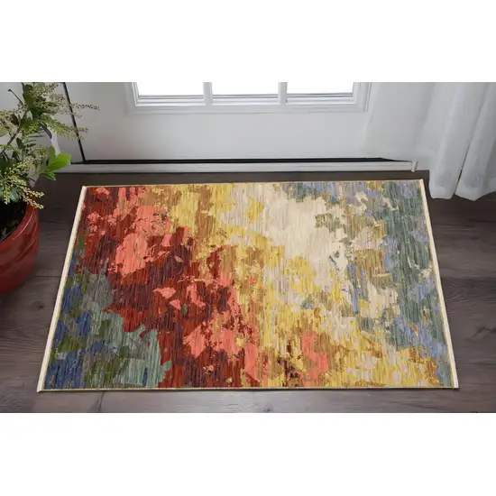 Beige Rust And Yellow Abstract Area Rug With Fringe Photo 1