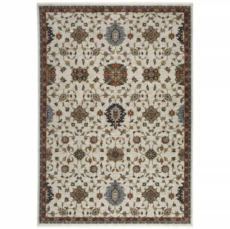 Beige Rust Red Blue Gold And Grey Oriental Power Loom Stain Resistant Area Rug With Fringe Photo 1