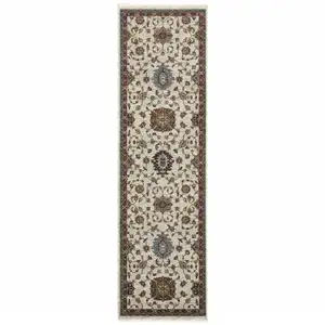 Photo of Beige Rust Red Blue Gold And Grey Oriental Power Loom Stain Resistant Runner Rug With Fringe