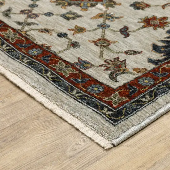 Beige Rust Red Blue Gold And Grey Oriental Power Loom Stain Resistant Runner Rug With Fringe Photo 6