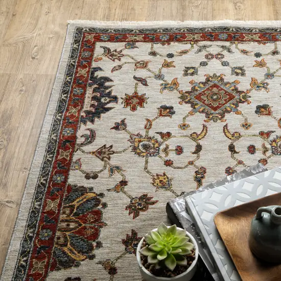 Beige Rust Red Blue Gold And Grey Oriental Power Loom Stain Resistant Runner Rug With Fringe Photo 9