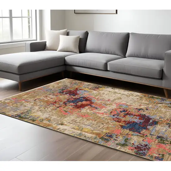 Beige Salmon And Yellow Abstract Area Rug With Fringe Photo 1