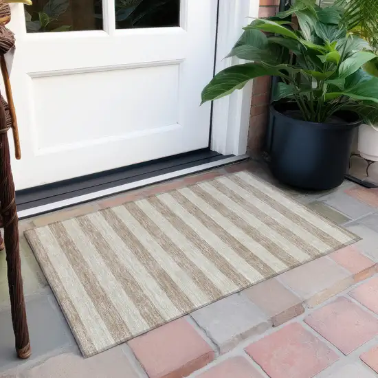 Beige Striped Washable Non Skid Indoor Outdoor Area Rug Photo 9