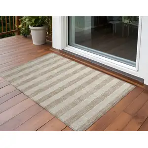 Photo of Beige Striped Washable Non Skid Indoor Outdoor Area Rug