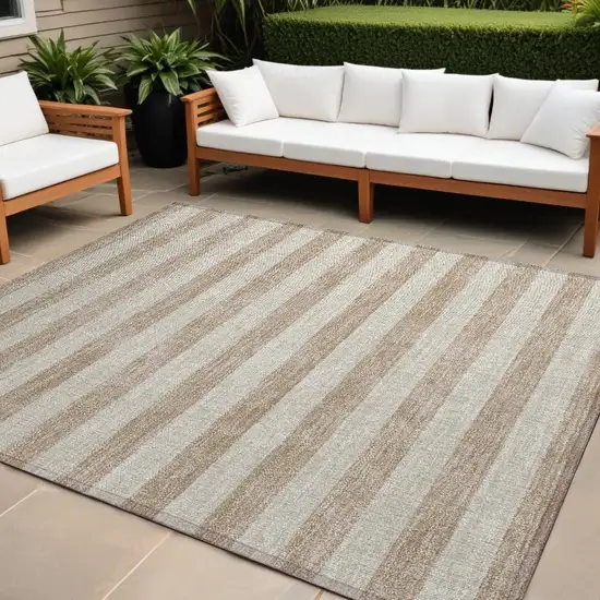 Beige Striped Washable Non Skid Indoor Outdoor Area Rug Photo 1