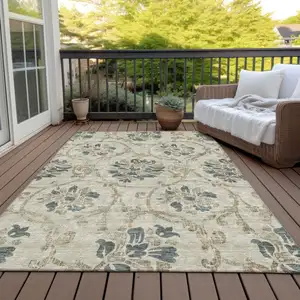 Photo of Beige Tan And Blue Floral Washable Indoor Outdoor Area Rug