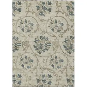 Photo of Beige Tan And Blue Floral Washable Indoor Outdoor Area Rug