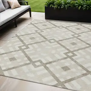 Photo of Beige Tan And Ivory Geometric Washable Indoor Outdoor Area Rug