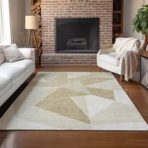 Photo of Beige Tan And Ivory Geometric Washable Indoor Outdoor Area Rug