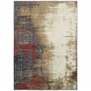 Photo of Beige Tan Brown Blue Purple Red Orange Gold And Green Abstract Power Loom Stain Resistant Area Rug