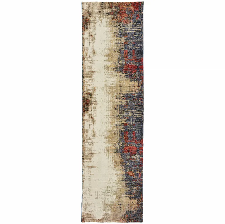 Beige Tan Brown Blue Purple Red Orange Gold And Green Abstract Power Loom Stain Resistant Runner Rug Photo 1