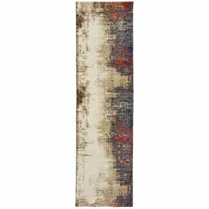 Photo of Beige Tan Brown Blue Purple Red Orange Gold And Green Abstract Power Loom Stain Resistant Runner Rug