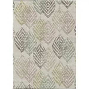 Photo of Beige Taupe And Artichoke Green Floral Washable Indoor Outdoor Area Rug