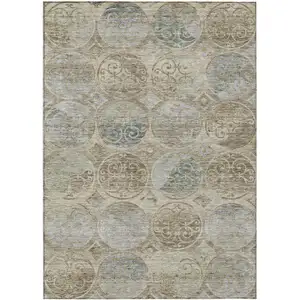 Photo of Beige Taupe And Blue Trellis Washable Indoor Outdoor Area Rug