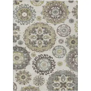 Photo of Beige Taupe And Brown Floral Medallion Washable Indoor Outdoor Area Rug