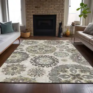 Photo of Beige Taupe And Brown Floral Medallion Washable Indoor Outdoor Area Rug