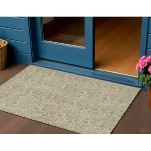 Photo of Beige Taupe And Brown Floral Washable Indoor Outdoor Area Rug