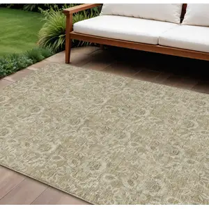 Photo of Beige Taupe And Brown Floral Washable Indoor Outdoor Area Rug