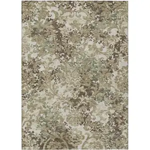 Photo of Beige Taupe And Brown Floral Washable Indoor Outdoor Area Rug